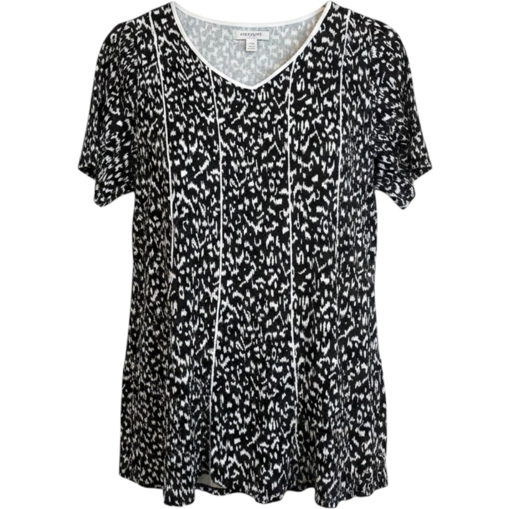 Avenue Women Plus Size 26/28 Black White Abstract Ikat Print V-Neck T-Shirt Top